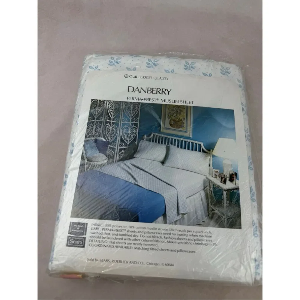 Vintage Twin Flat Sheet NOS Danberry Blue and White Floral Cottagecore